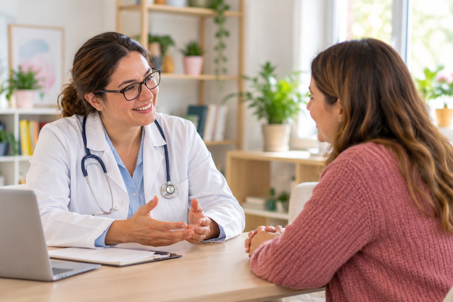 Una mujer conversa con una médica en consulta.