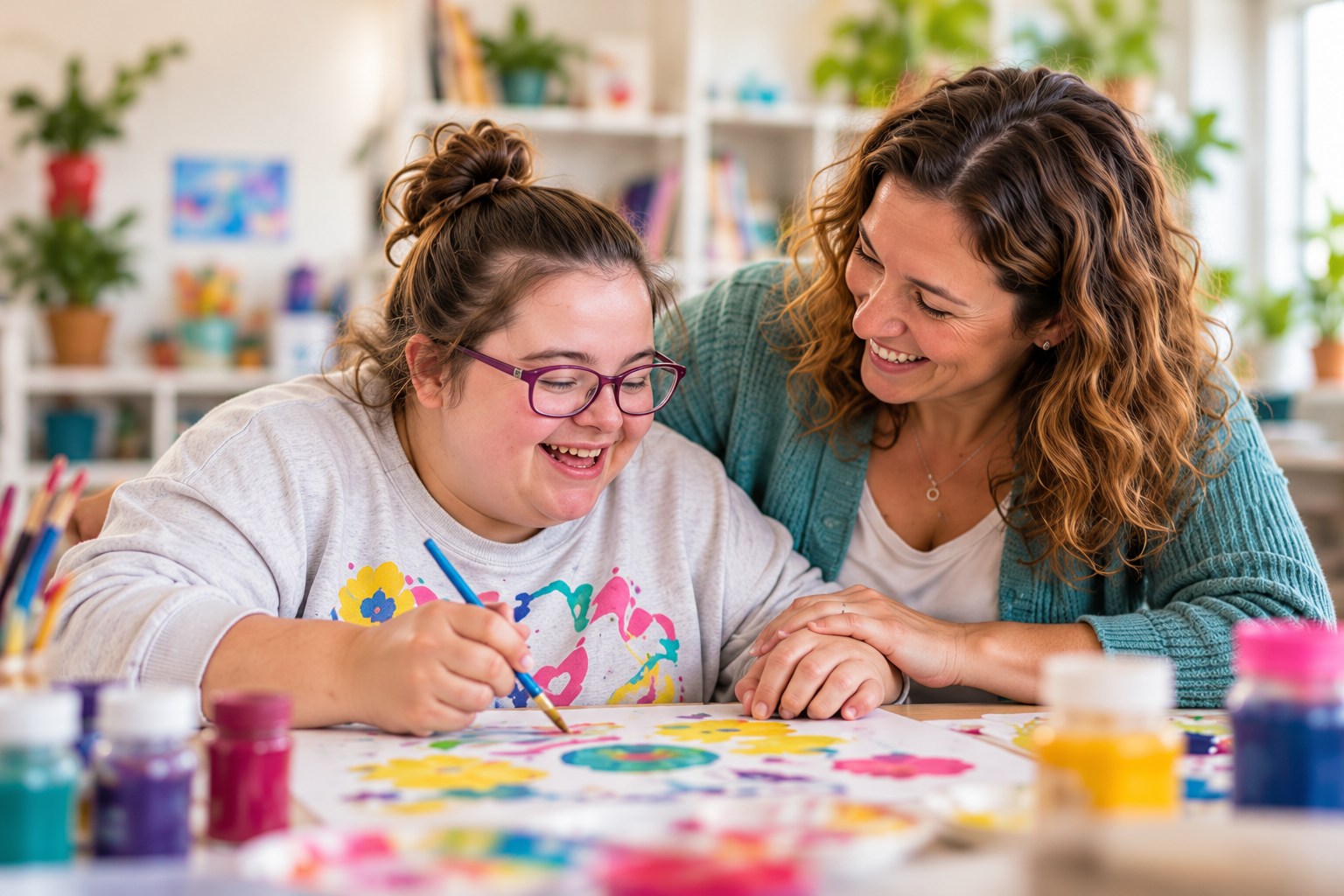 Dos mujeres comparten una actividad de pintura en un taller.