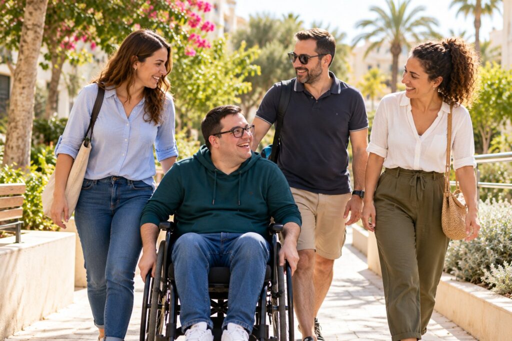 Un grupo disfruta de una salida por un camino accesible.